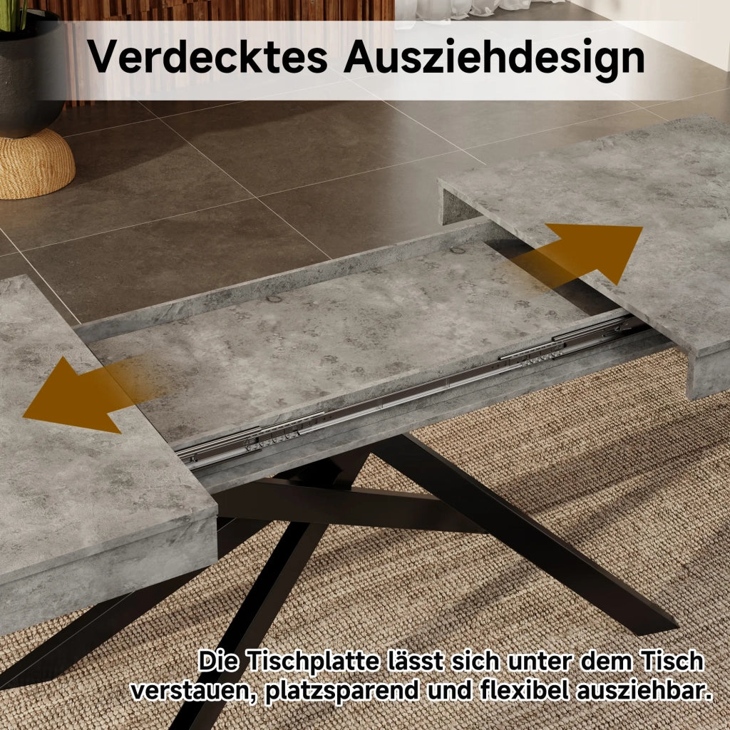 Tavolo da pranzo allungabile grigio 140/180x80 cm, stile semplice, piano spesso e gambe in metallo, per 6-8 persone, forma rettangolare, per cucina e soggiorno