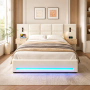Letto matrimoniale imbottito 180x200 cm in velluto beige con contenitore, USB-C e LED