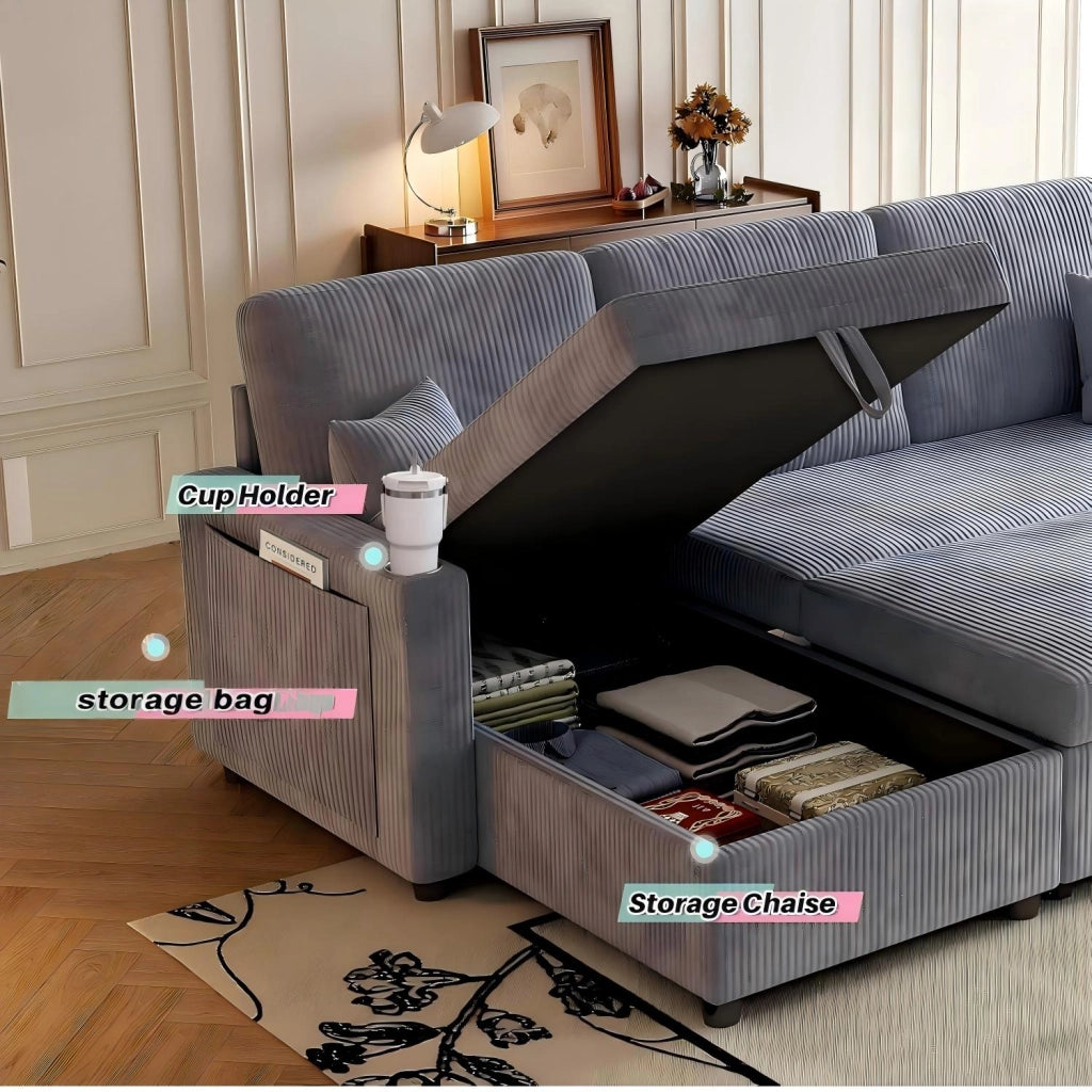 Divano letto angolare modulare - con contenitore; USB e tavolino - in corduroy grigio