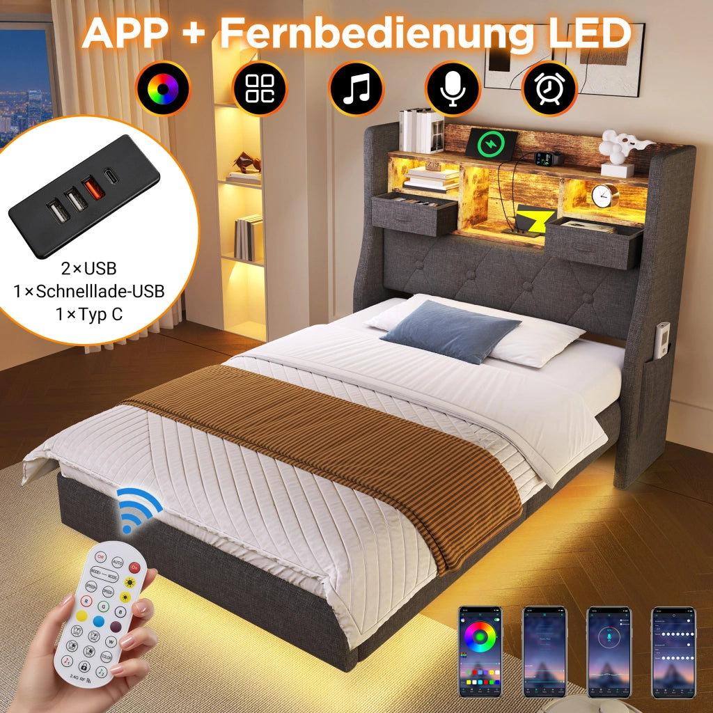 Letto contenitore 140 ¡Á 200 cm con materasso sollevamento idraulico LED USB e Type-C velluto grigio