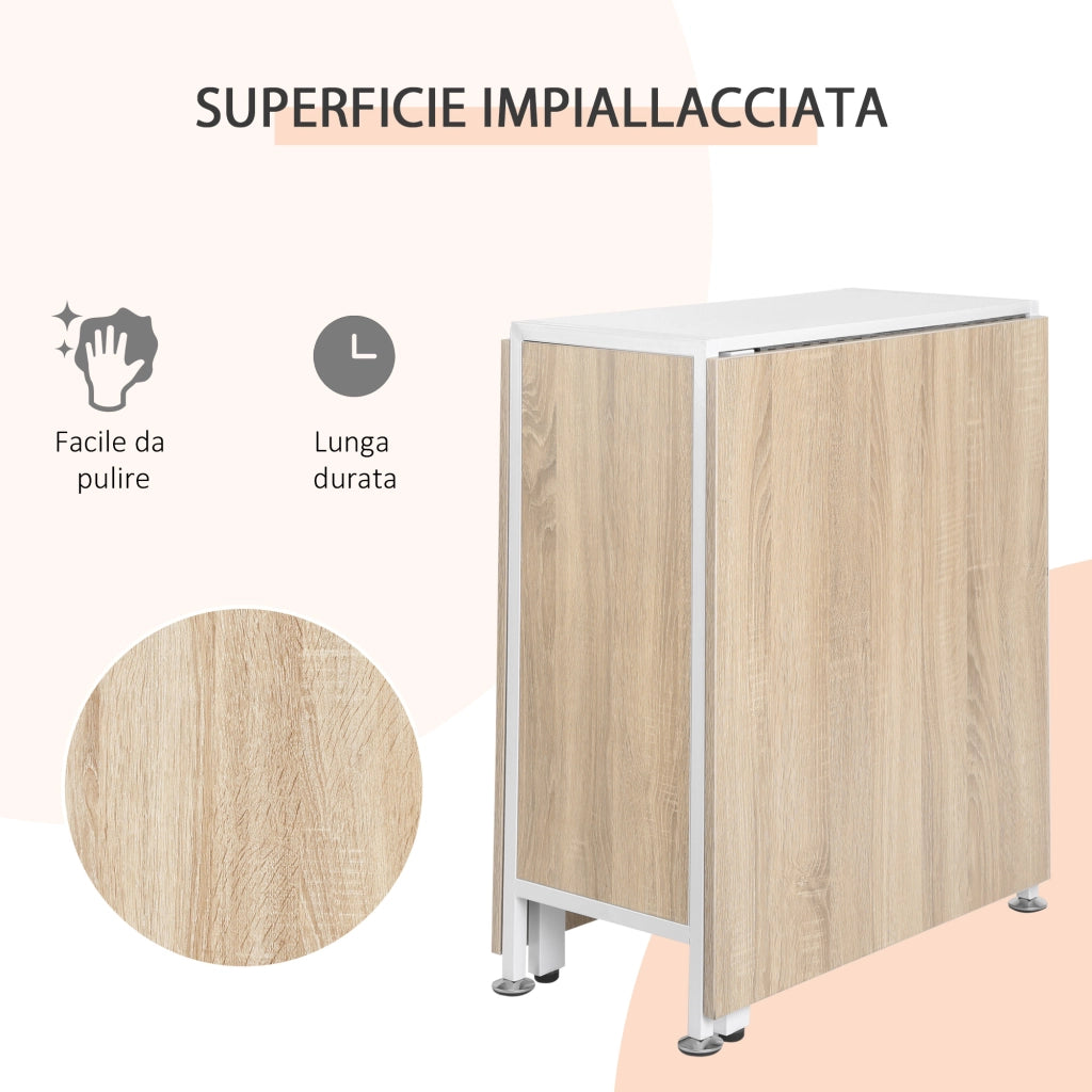 Tavolo da Pranzo Pieghevole per 4 Persone con Pannelli a Ribalta, Scrivania Richiudibile Salvaspazio con 4 Scompartimenti in MDF, per Sala da Pranzo, Soggiorno, 169x60x75 cm, Rovere e Bianco