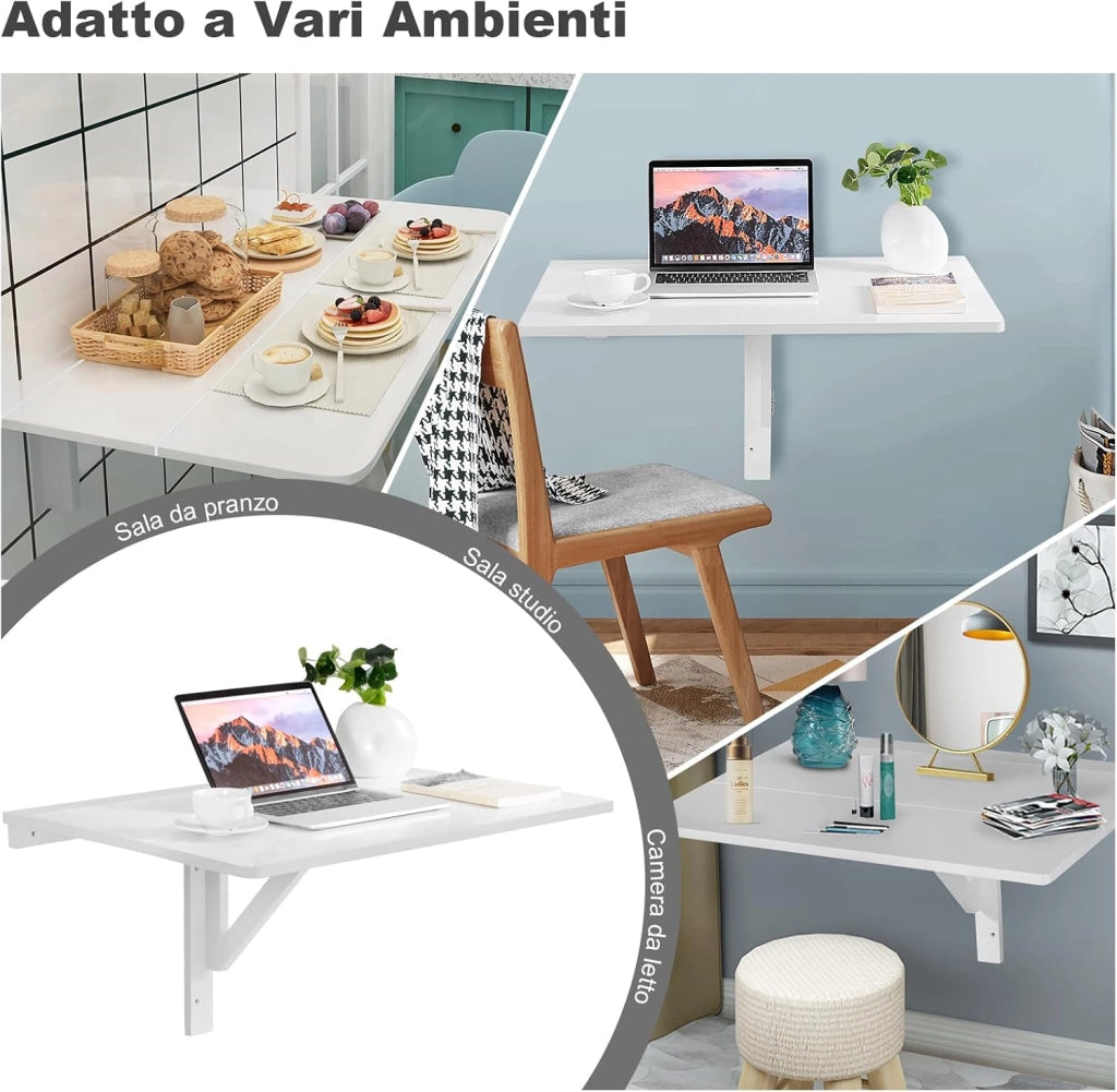 Tavolo Pieghevole a Muro, Tavolino Porta PC da Parete in Legno, Tavolo a Scomparsa Multifunzionale, Ideale per Soggiorno, Cucina e Studio, 80 x 60 x 45 cm (Bianco)