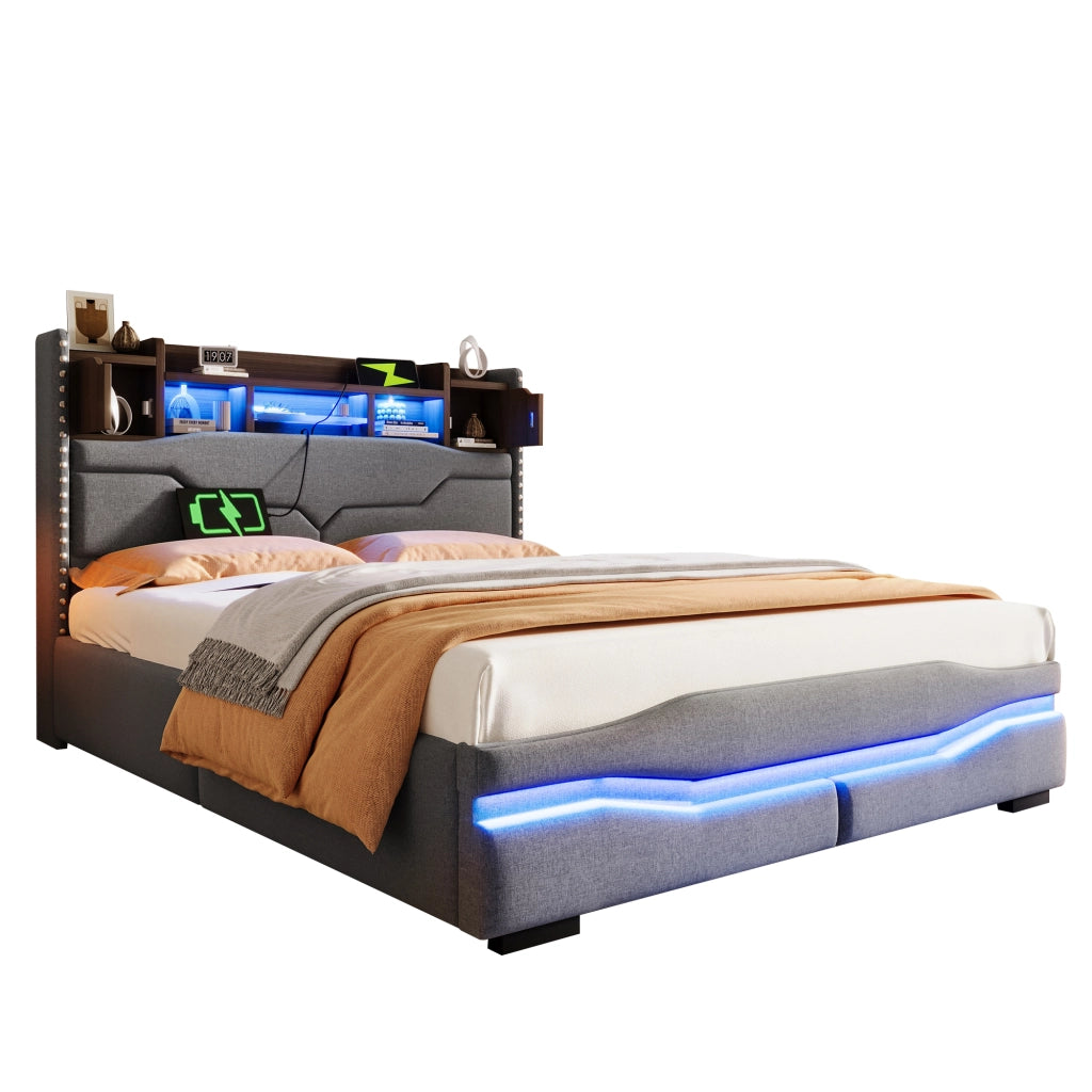 Letto matrimoniale contenitore 140 × 200 cm in lino e MDF con LED prese USB e tipo C