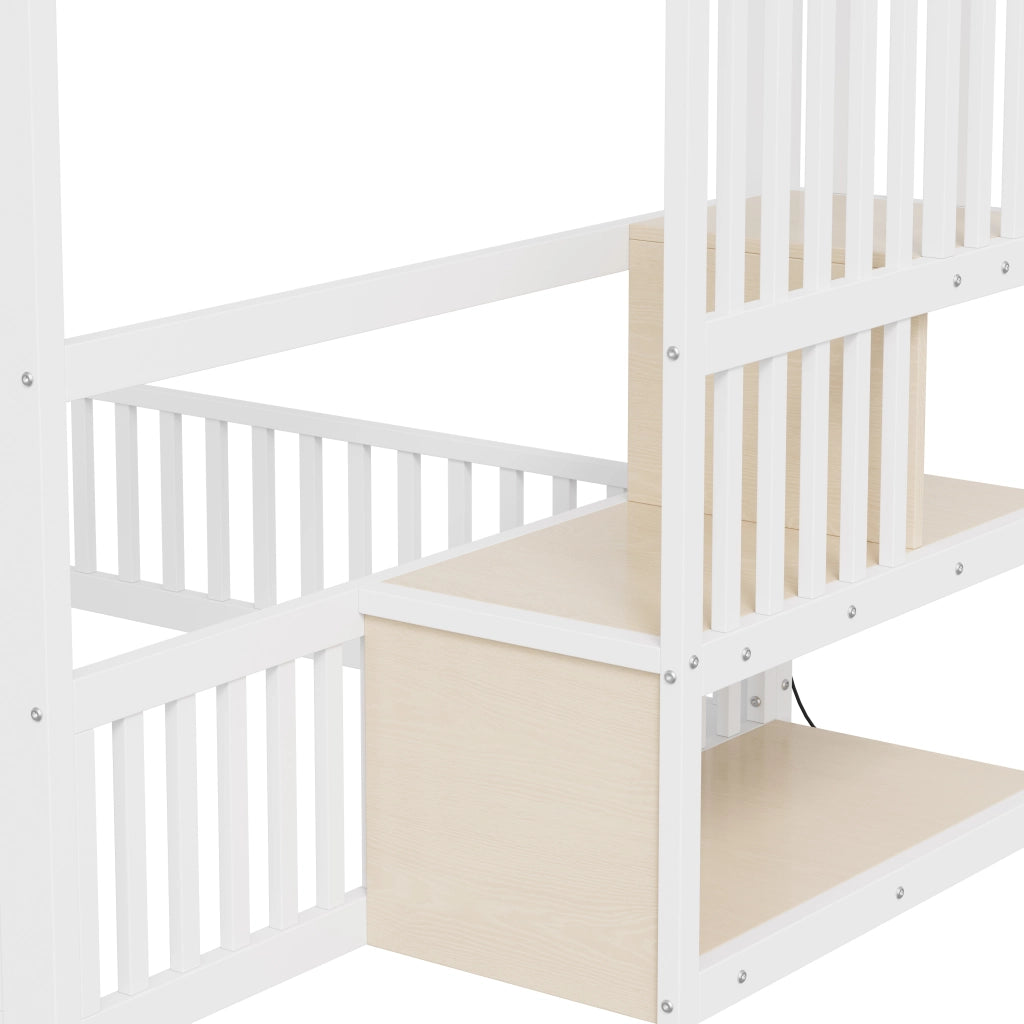 Letto a castello 140 × 200 cm a due livelli con scala contenitore e LED in metallo e MDF bianco