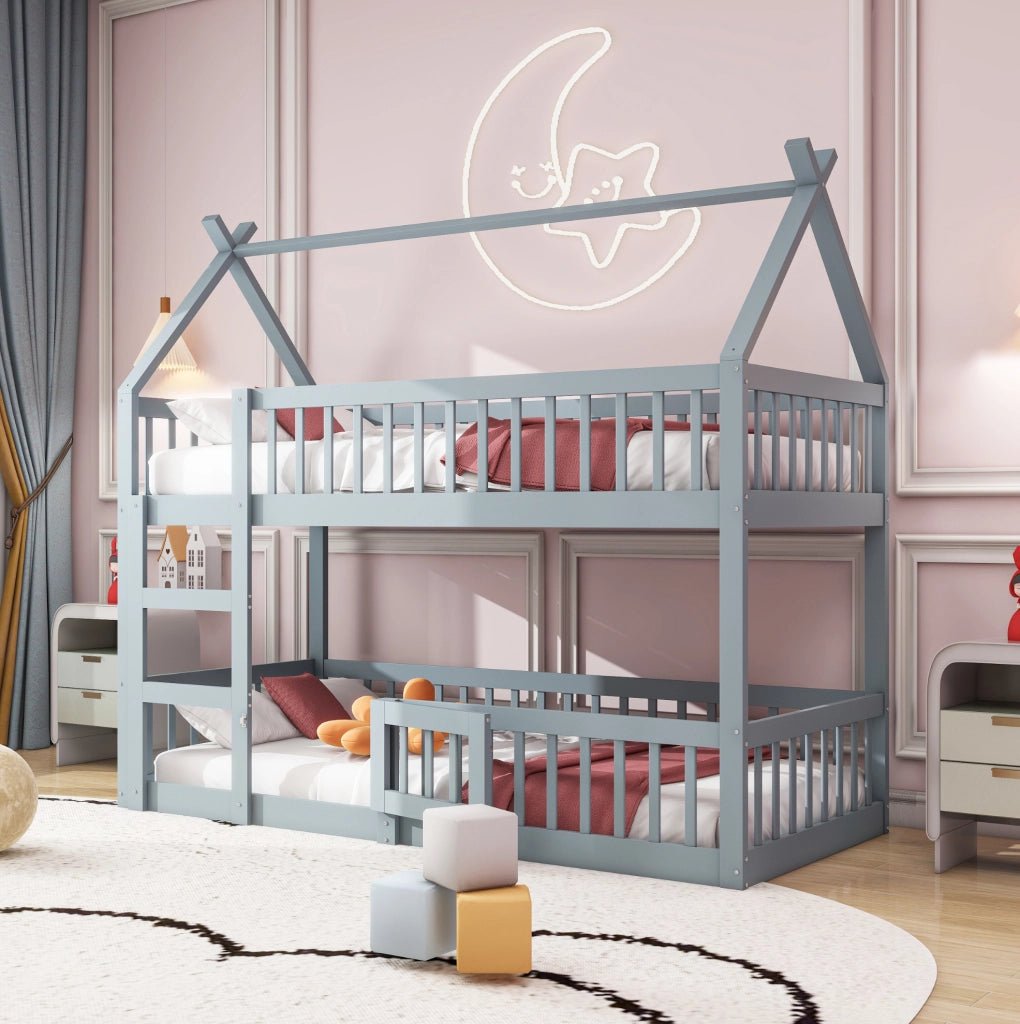 Letto a castello per bambini 90x200 cm con scala integrata e porta grigio