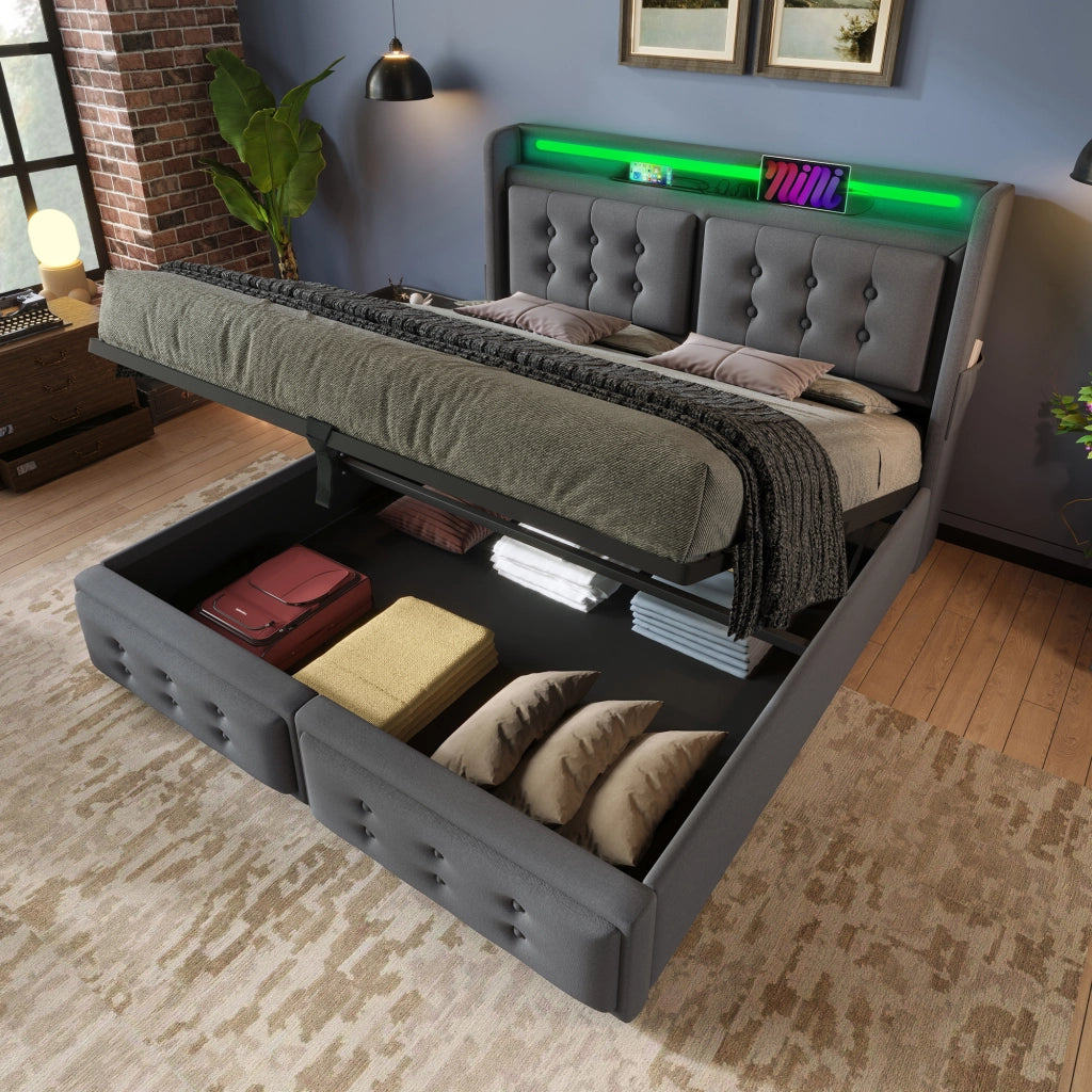 Letto matrimoniale 180x200 cm con testiera LED e contenitore