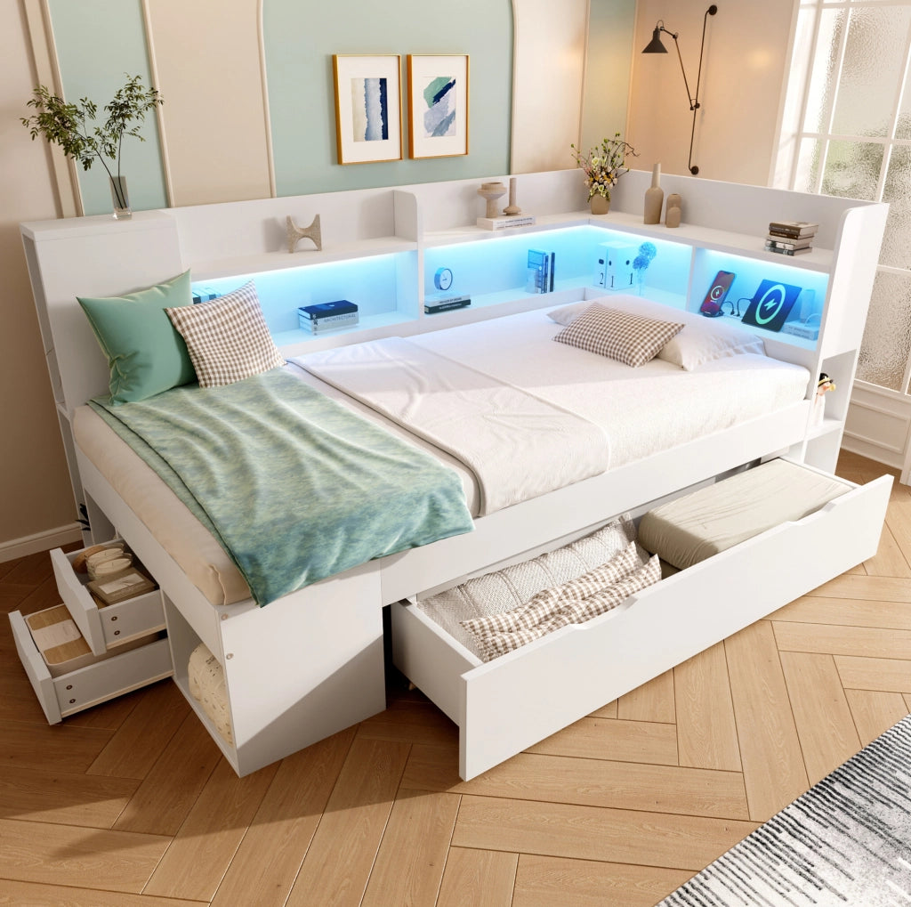 Letto singolo 90x200 cm bianco con LED, USB/Type-C, cassetti e ripiani