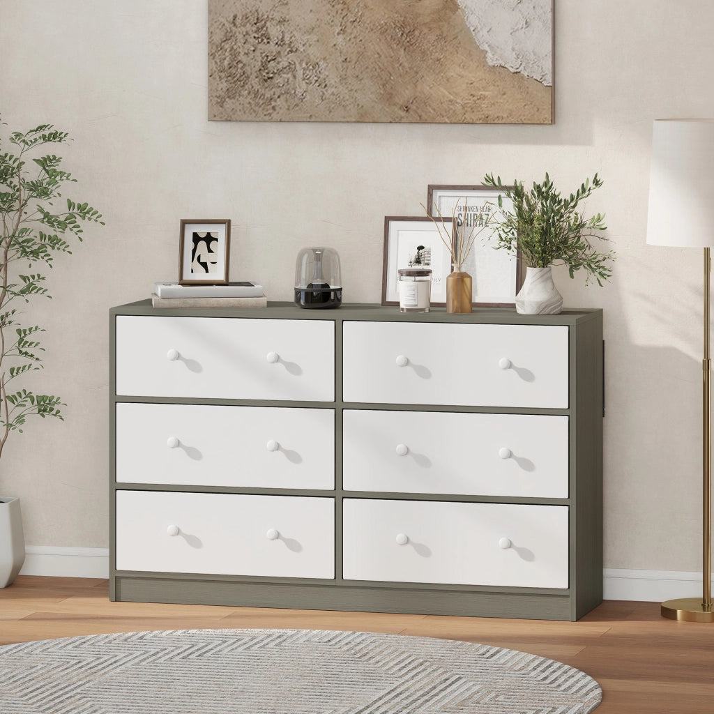 Cassettiera con 6 cassetti ¨C Minimal ¨C Tessuto, acciaio, MDF, bianco e grigio