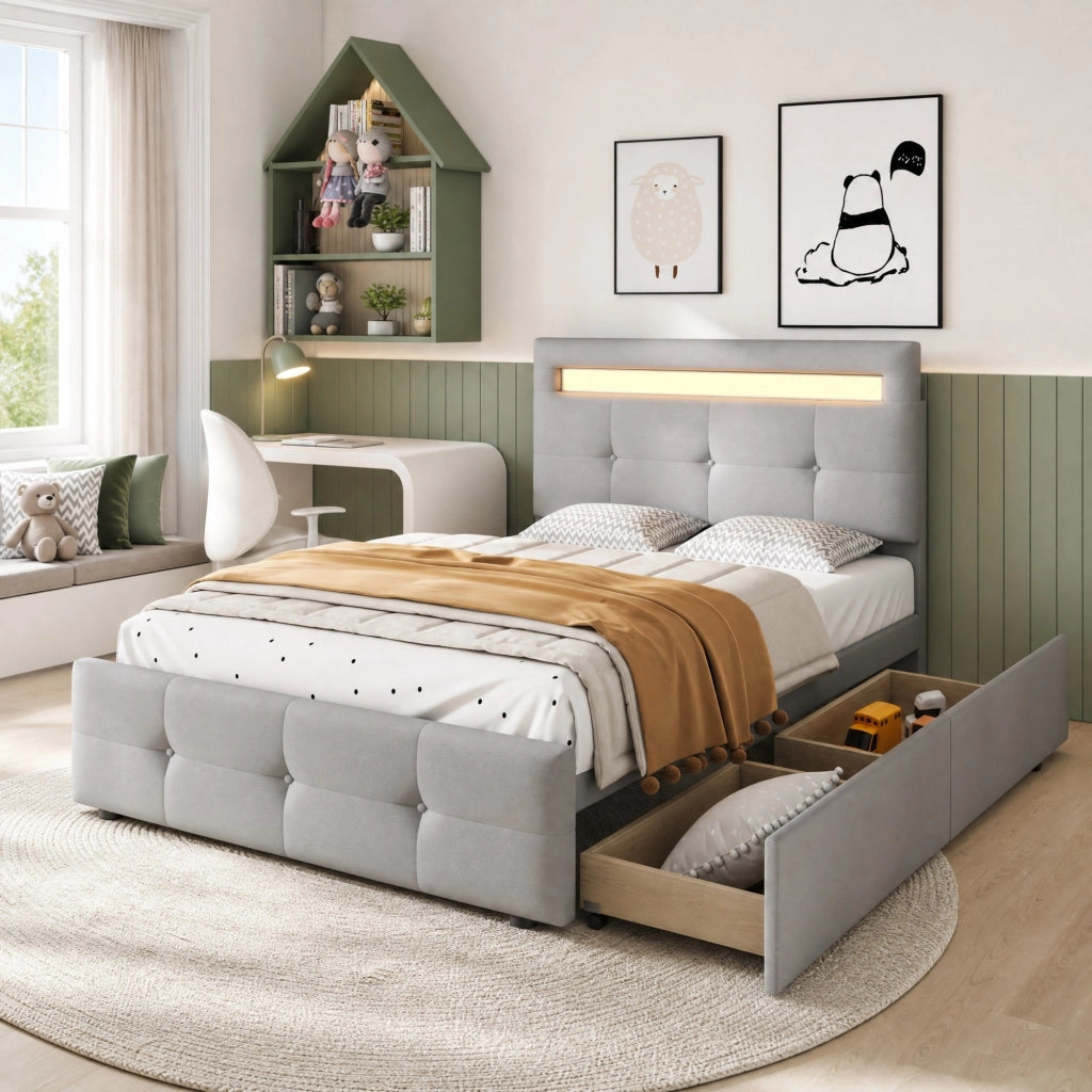 Letto imbottito 90x200 cm con LED, 2 cassetti, testiera regolabile e rete a doghe grigio