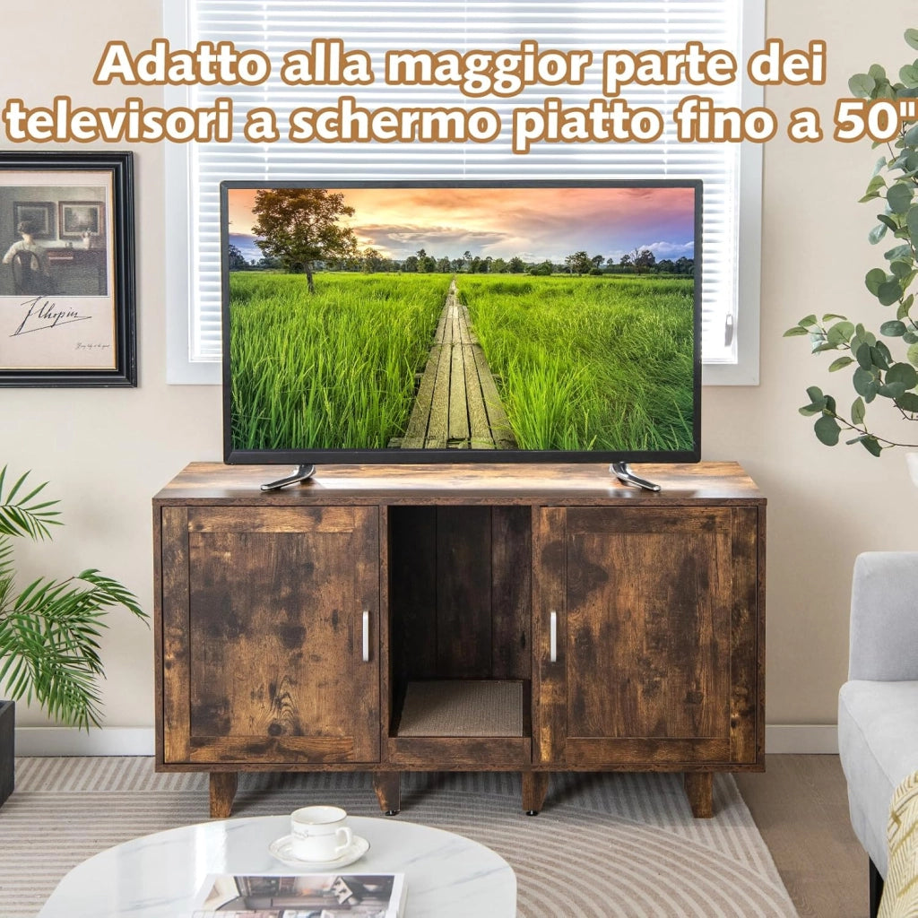 Mobile per Lettiera per Gatti 120 x 52 x 65 cm, Casetta per Gatti con 2 Ante, Fori, Tiragraffi e Gambe Staccabili, Mobile Versatile e Moderno per Salotto (Marrone e nero)