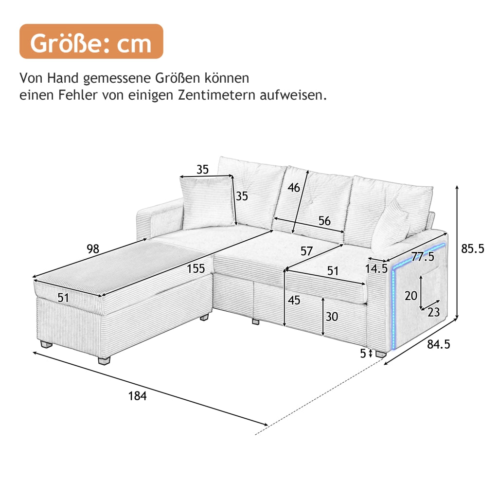 Divano 3 posti con pouf e 5 cuscini; divano angolare a L con luci LED; velluto a coste; grigio antico; 184 cm