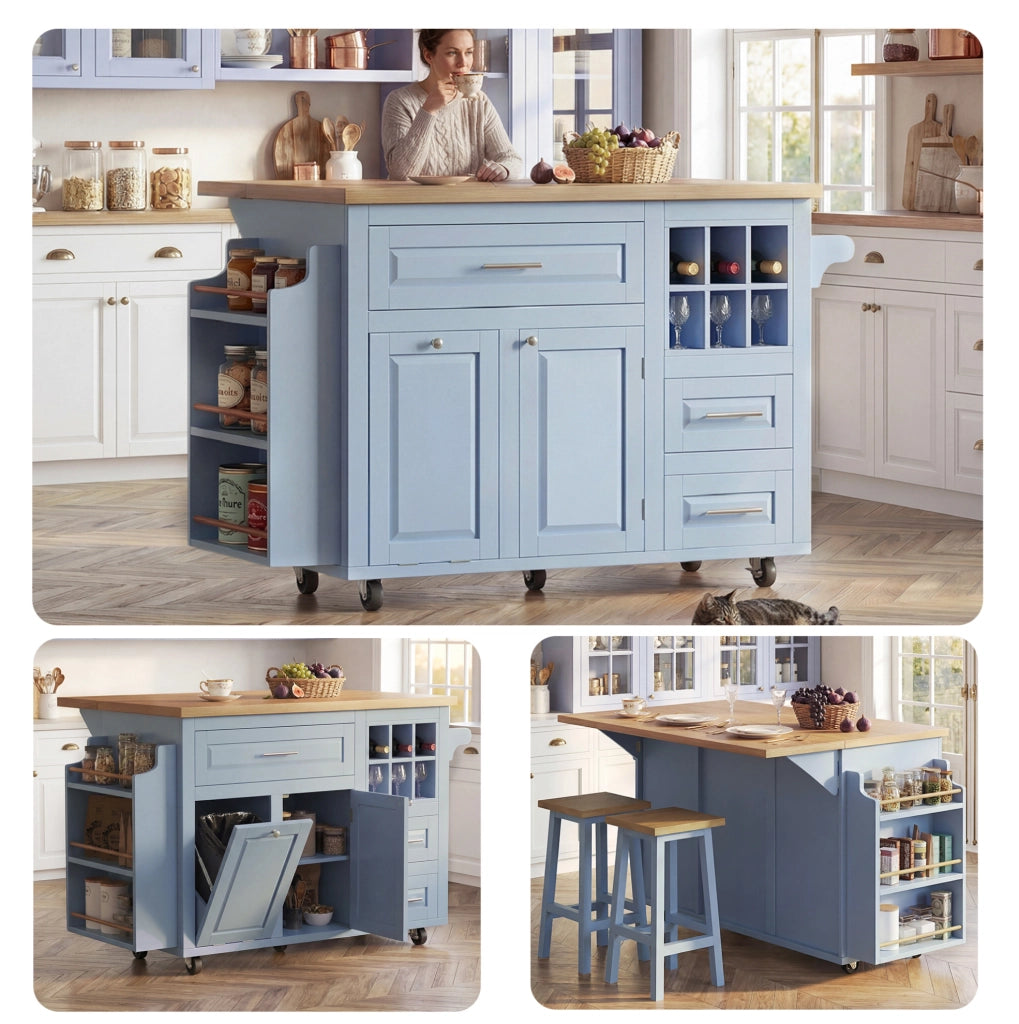 Carrello da cucina pieghevole 143x75x91 cm in MDF blu con contenitori