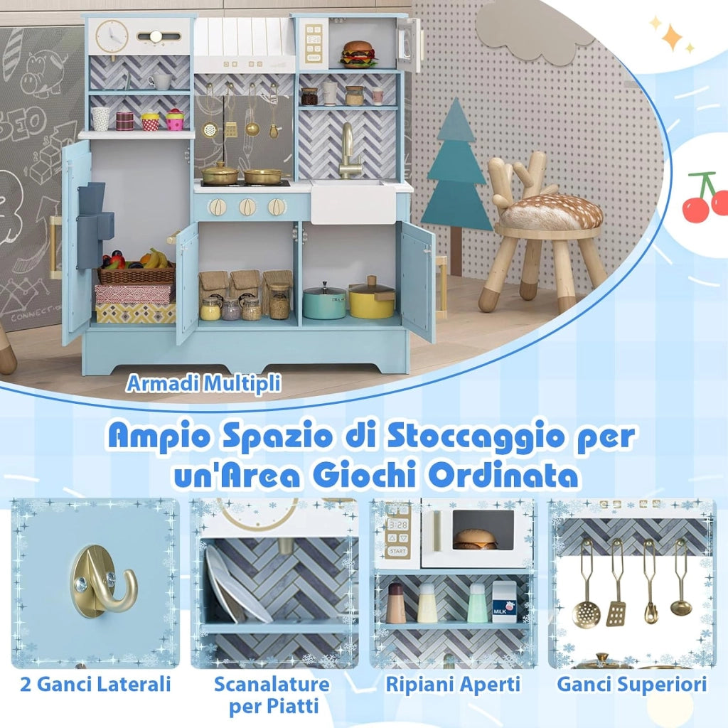 Cucina Giocattolo per Bambini, Cucina Legno per Bambini con Macchina per Ghiaccio, Caffettiera e Accessori, Gioco di Finzione per Piccoli Cuochi 3-6 Anni, 84 x 30 x 90 cm