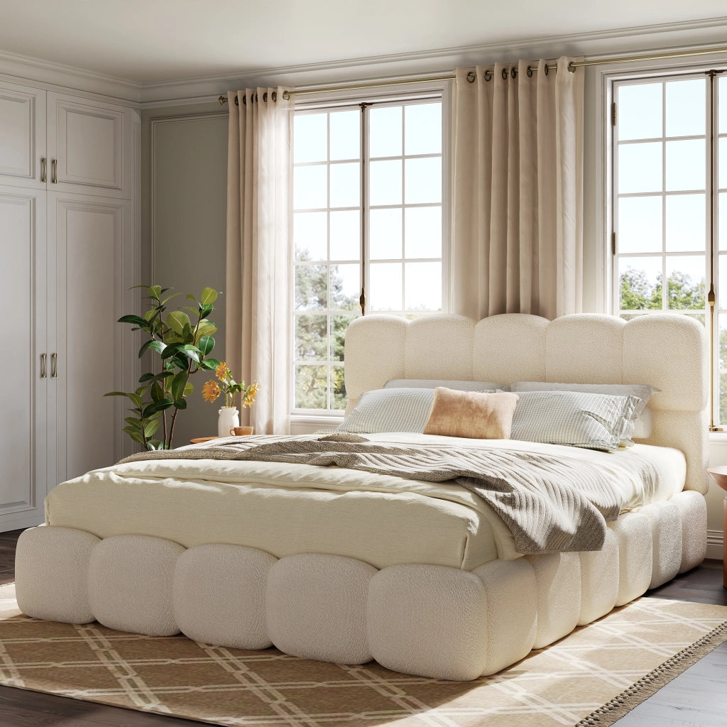 Letto matrimoniale 180x200 cm con contenitore idraulico, rete a doghe, boucl¨¦ bianco