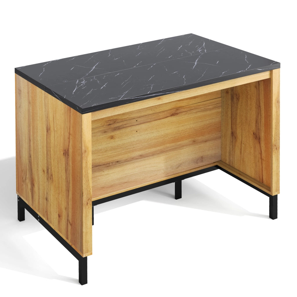 Isola da cucina 120x75x90 cm con 2 cassetti e 4 ripiani aperti in MDF nero e naturale