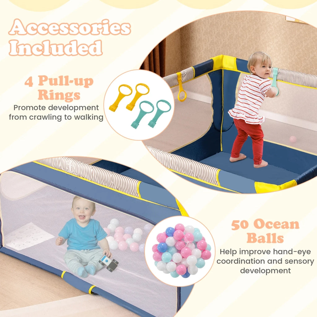 Box per bambini pieghevole 150 x 150 cm con porta a cerniera blu, recinto per bambini robusto e portatile per casa e viaggi