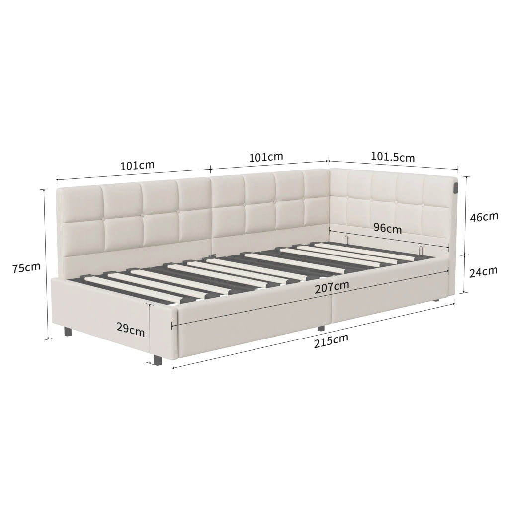 Divano letto singolo 90x200 con luce LED;Letto singolo Angolare con contenitore idraulico;letto imbottito con testiera;letto con rete a doghe;Velluto