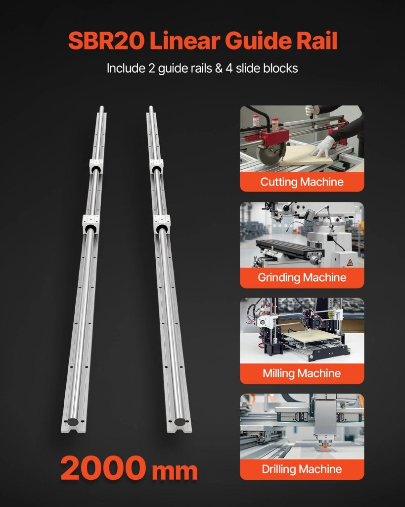 Kit 2 Guide Lineari SBR20 2000 mm con 4 Blocchi Cuscinetto in Acciaio per Macchine da Taglio e Fai da Te