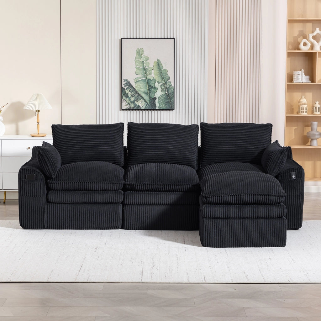 Divano 3 Posti con Poggiapiedi e Cuscini in Tessuto ¨C MINIMAL ¨C Nero