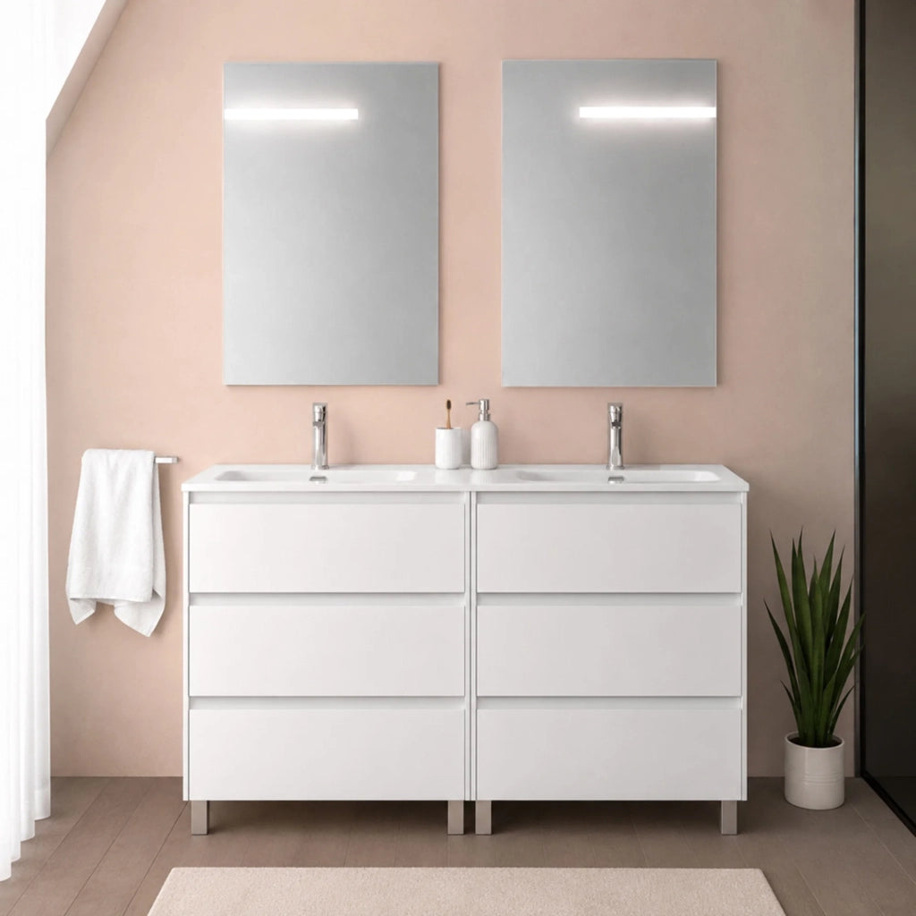 Mobile bagno a terra 120 cm bianco lucido sei cassetti e doppia vasca Gaya