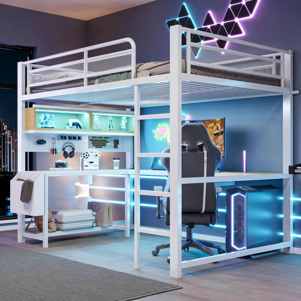 Letto a soppalco 140x200 con scrivania; LED 7 colori; prese e USB; bianco