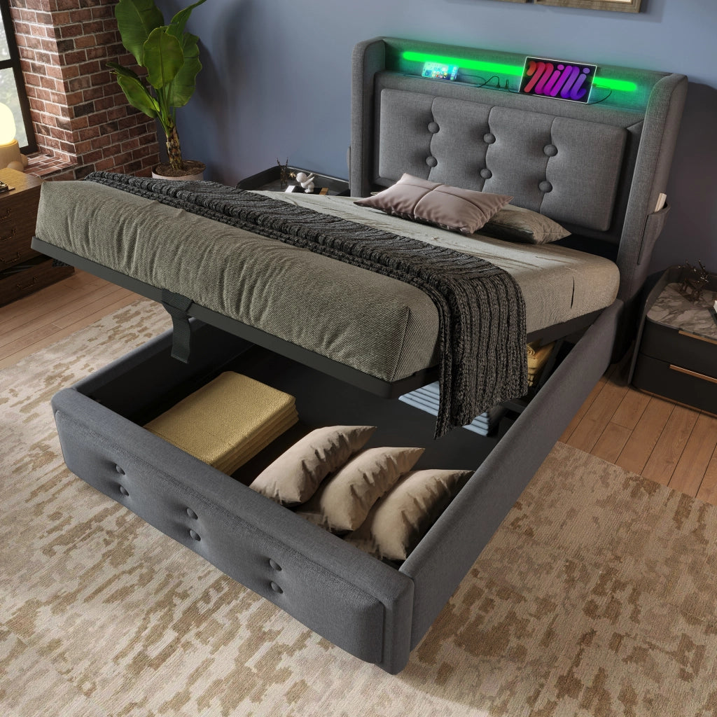 Letto singolo imbottito 90x200 cm con testiera LED e contenitore