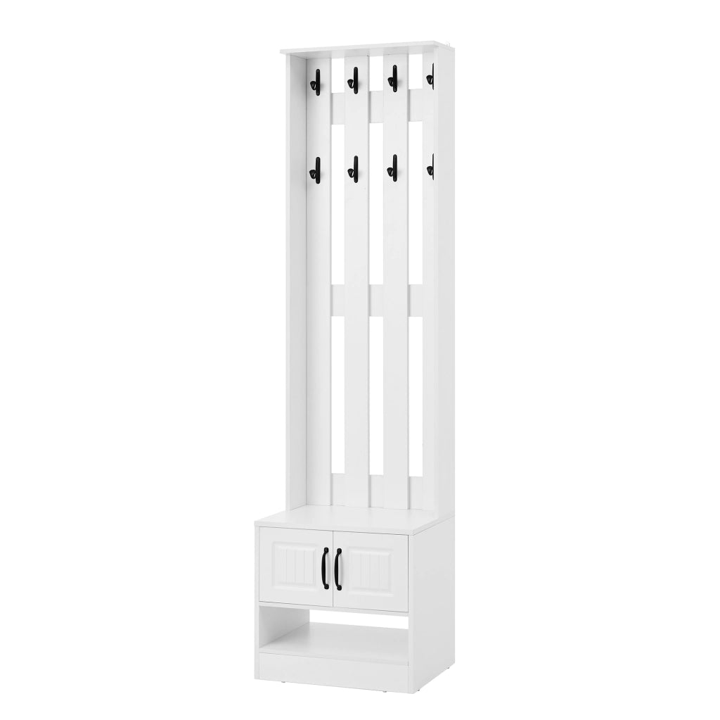 Scarpiera bianca con 2 ante, 8 ganci e schienale, B50xP36xH190 cm, multiuso per ingresso