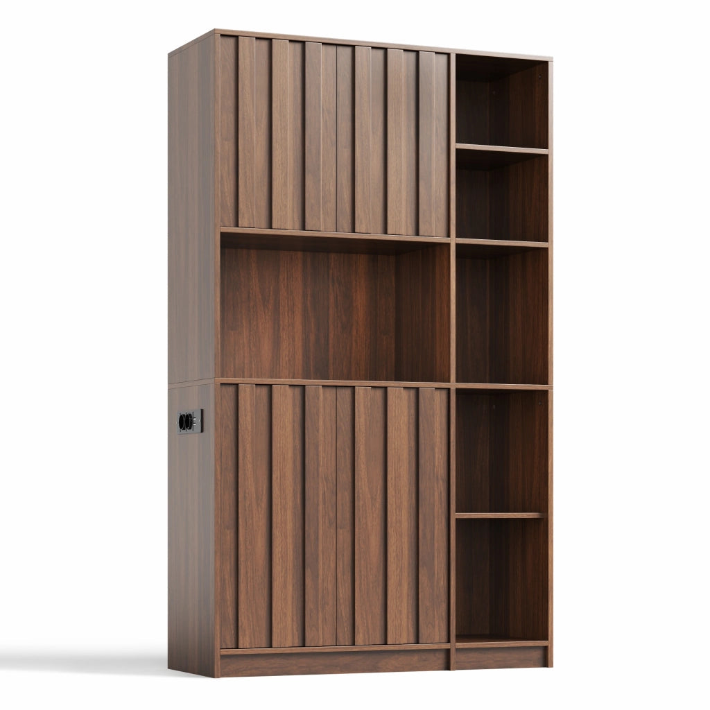Mobile da cucina 105x40x180 cm con illuminazione RGB e prese in MDF noce
