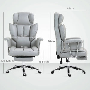Sedia da ufficio ergonomica reclinabile con poggiapiedi e seduta girevole imbottita in schiuma grigio chiaro