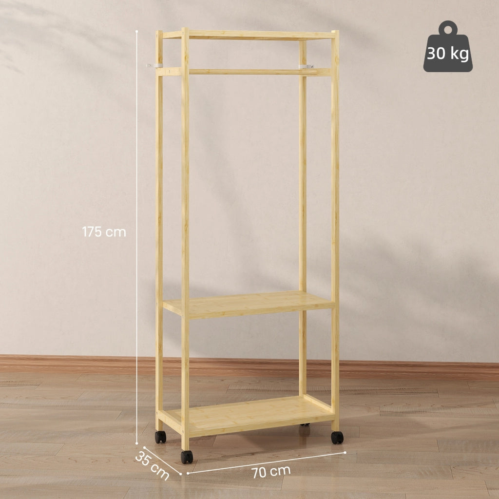 Appendiabiti con ruote e 2 ripiani ¨C zephmum ¨C 70x35x175cm, bamb¨´ naturale