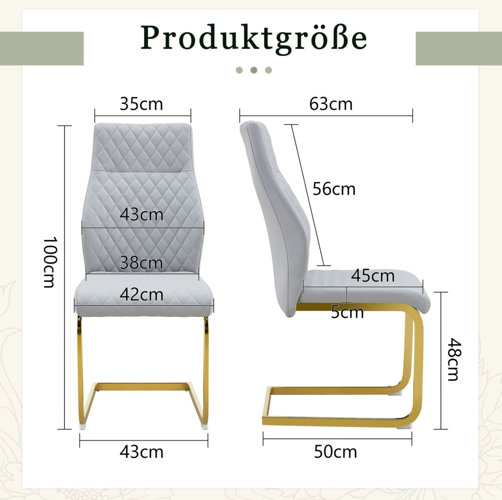 SEDIA da pranzo con schienale alto 100 cm, PU grigio chiaro e metallo oro, Set da 2 pezzi