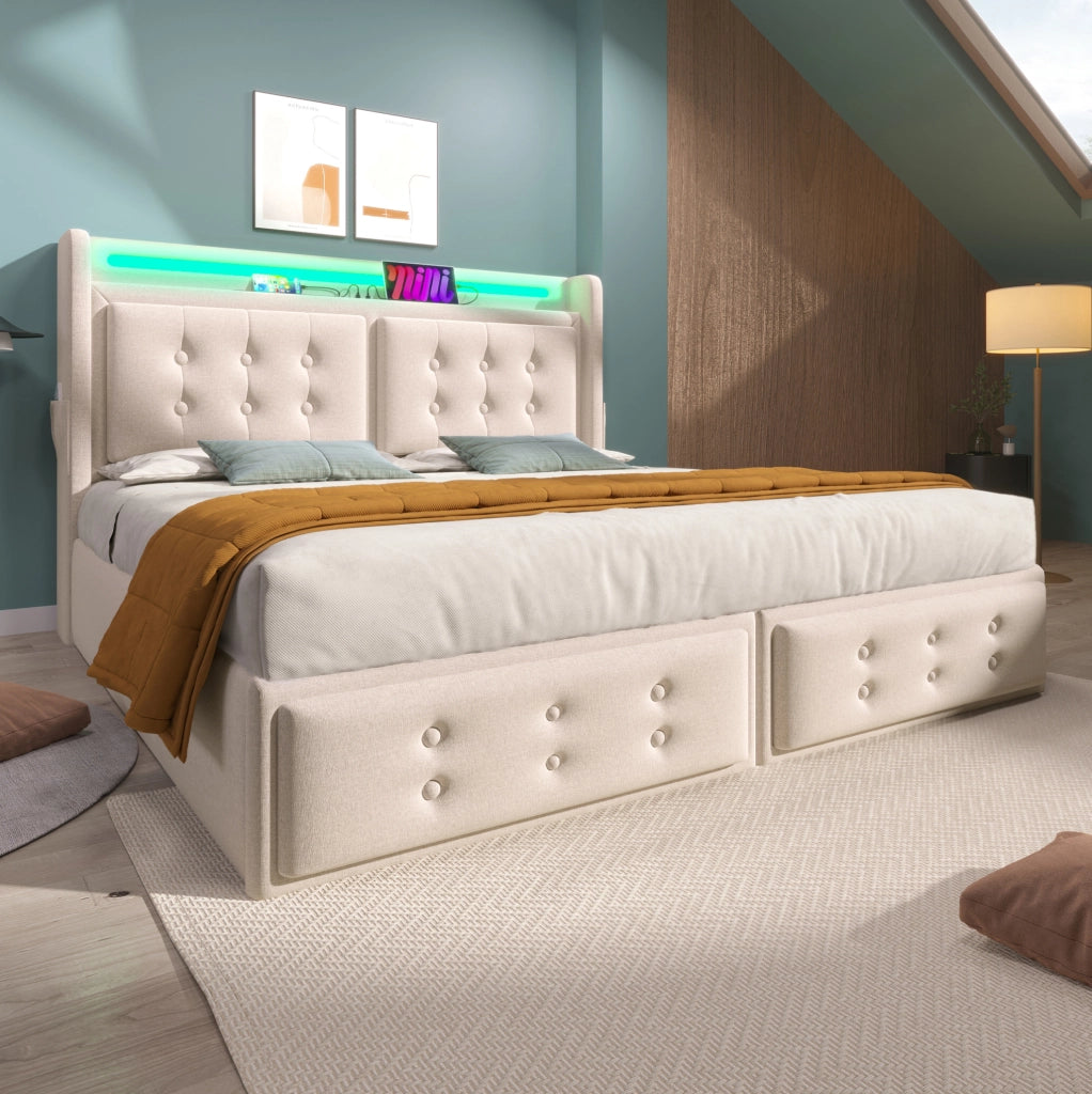 Letto contenitore 140 × 200 cm con LED; prese USB e USB-C; 220 × 141 × 109 cm; beige