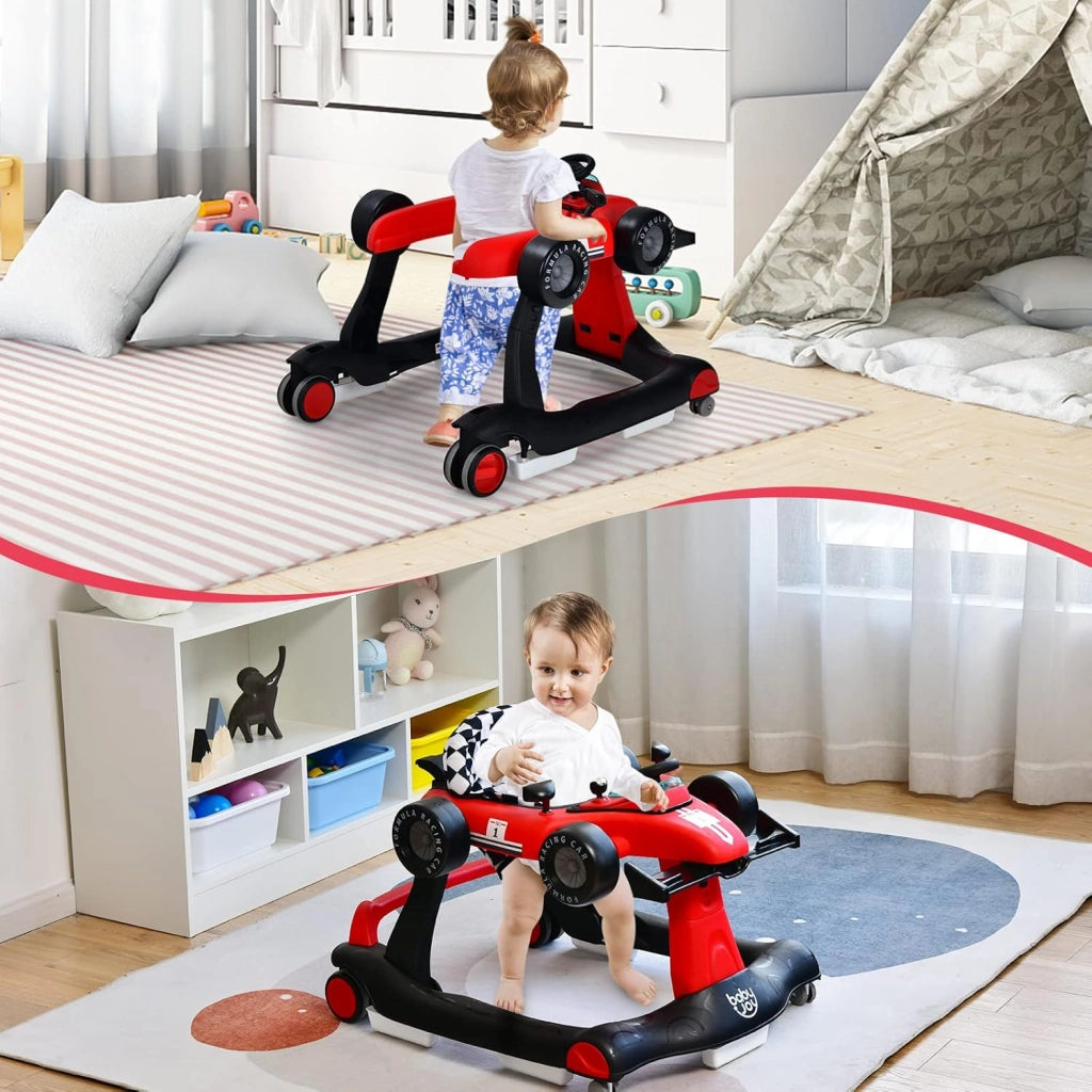 Girello per Bambini 4 in 1, Girello Pieghevole con Altezza e Velocità Regolabili, Carillon con Luci, Volante, Primi Passi per Bambini 6-18 Mesi, Portata 15 kg (Rosso)