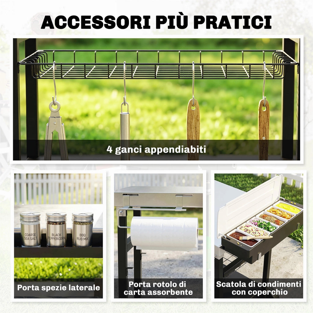 Carrello Barbecue da Esterno per Giardino, Tavolo Cucina con Piano in Acciaio Inox, 3 Ripiani, Ganci e Porta Spezie, Nero, Robusto e Pratico