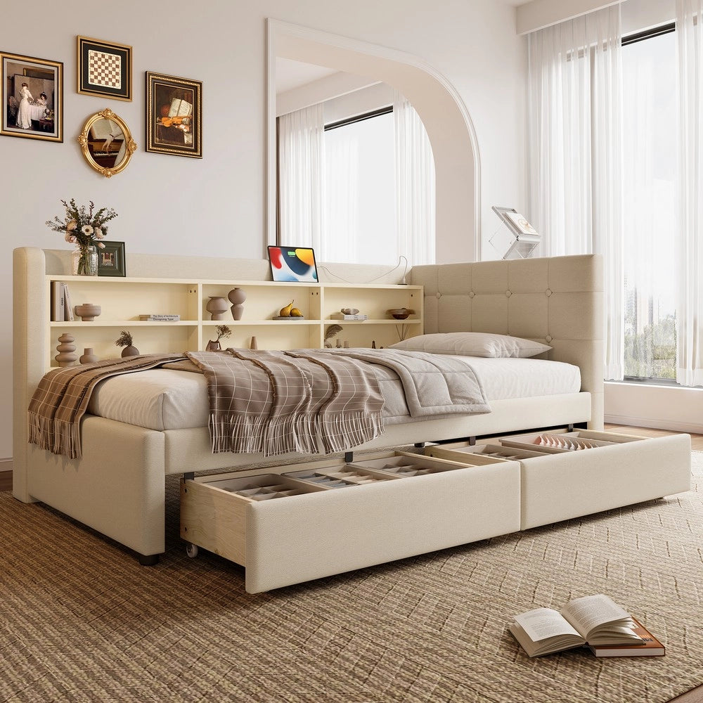 Letto Diurno con Cassetti e Rete a Doghe ¨C MINIMAL ¨C Lino Beige 90x200