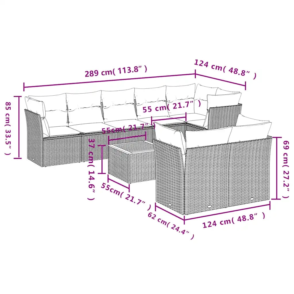 Set Divani da Giardino 9 pz con Cuscini Nero in Polyrattan 3256064