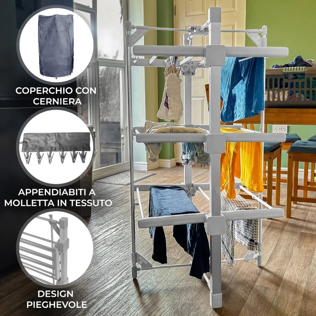 Asciugabiancheria elettrico riscaldato con copertura a 3 livelli Rack asciugabiancheria per interni Pieghevole