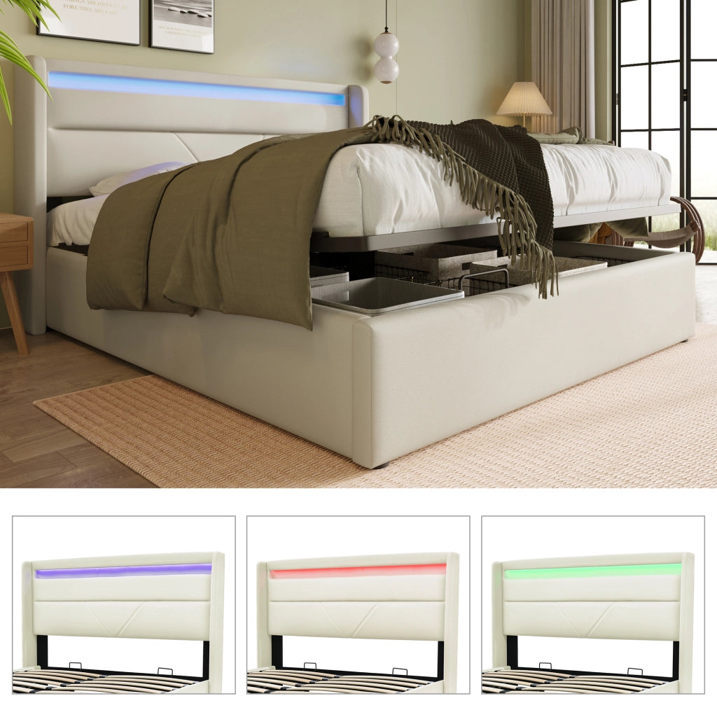 Letto contenitore 160x200 con testiera LED bianca