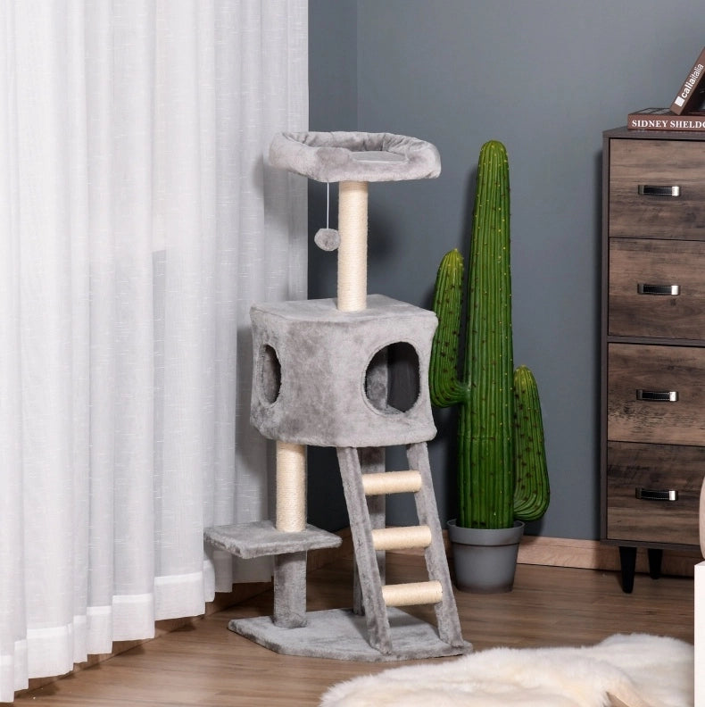 TIRAGRAFFI per gatti 120 cm con grotta, piattaforme e scala, grigio chiaro