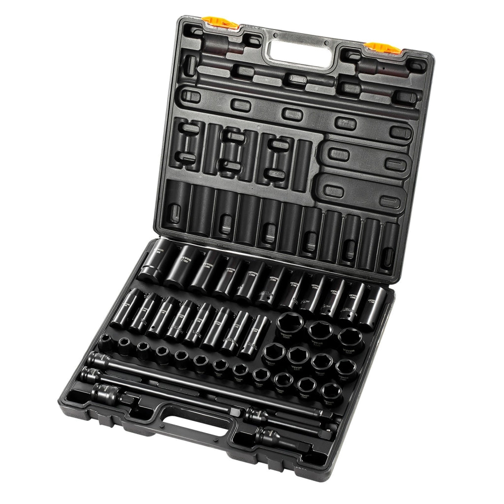 Set Bussole a Percussione 1/2 Pollici 43 Pezzi in Acciaio CR-V, Bussole a 6 Punti 9-30 mm Standard e Profonde con Prolunghe per Officina e Fai da Te
