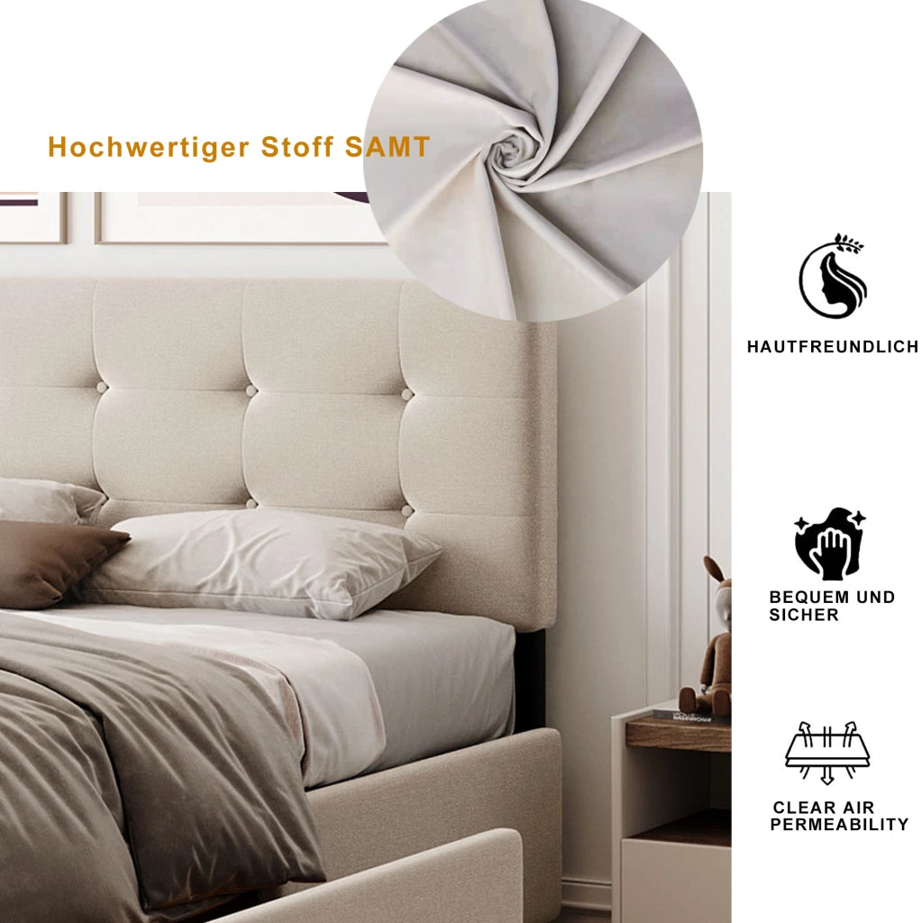 Letto imbottito con 4 cassetti e supporto a doghe; struttura in acciaio; beige