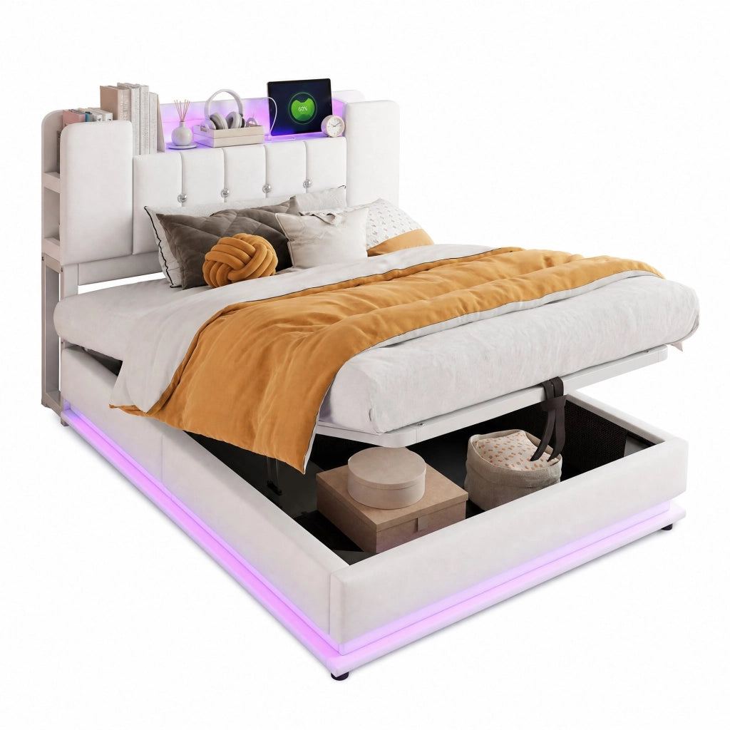 Letto imbottito per bambini 90x200 cm beige con LED, USB e vano contenitore