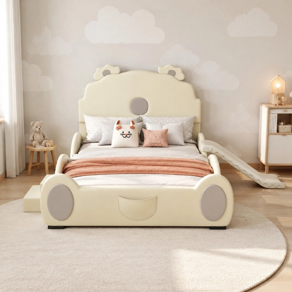 Letto per bambini Orsetto 140 x 200 cm beige con scivolo e scala