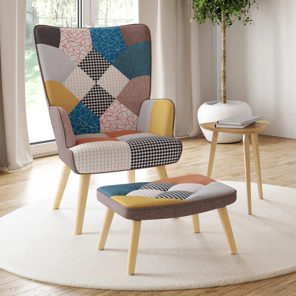 IDMarket - Poltrona scandinava IVAR con poggiapiedi in tessuto patchwork multicolore