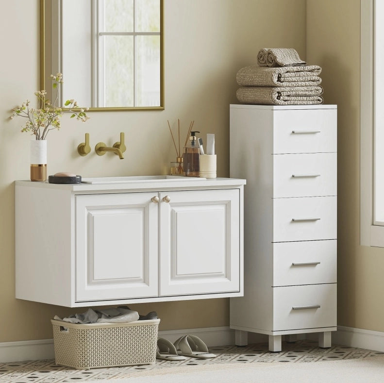 Mobile bagno stretto con 5 cassetti; bianco