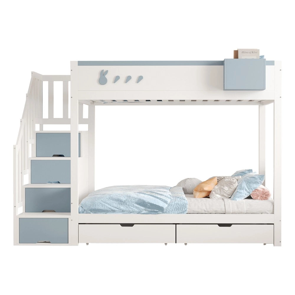 Letto a Castello Bambini con Cassetti e Doghe ¨C MINIMAL ¨C Bianco e Blu 90x200