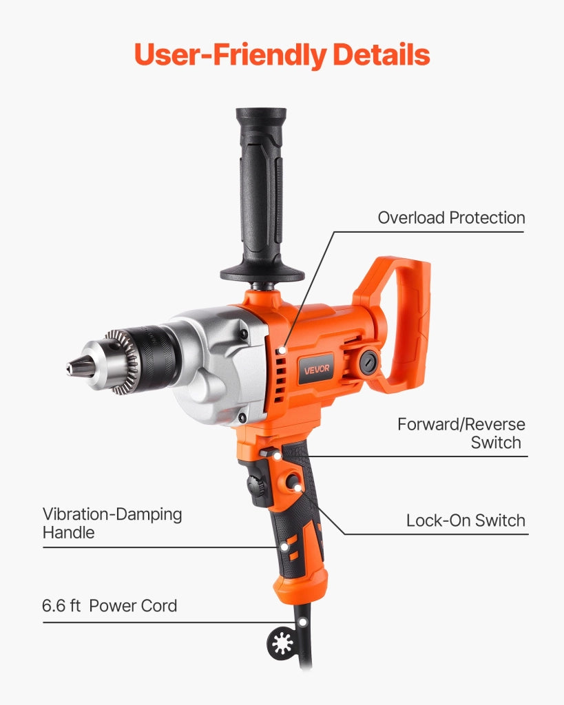 Trapano Miscelatore Elettrico 1100W 850 giri/min Mandrino 12,7 mm Impugnatura a D per Miscelazione Cemento e Foratura Fai da Te