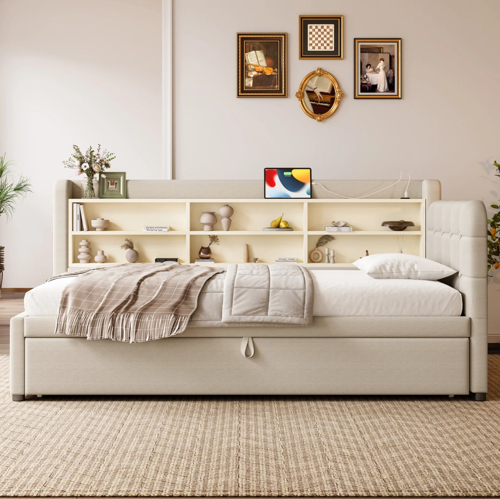Letto multifunzione estraibile con USB e USB-C, colore beige