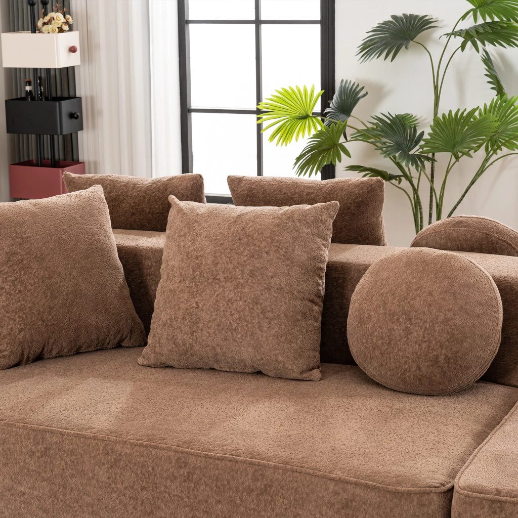 Divano modulare convertibile senza montaggio con funzione letto, cuscini e braccioli, in Chenille, Marrone
