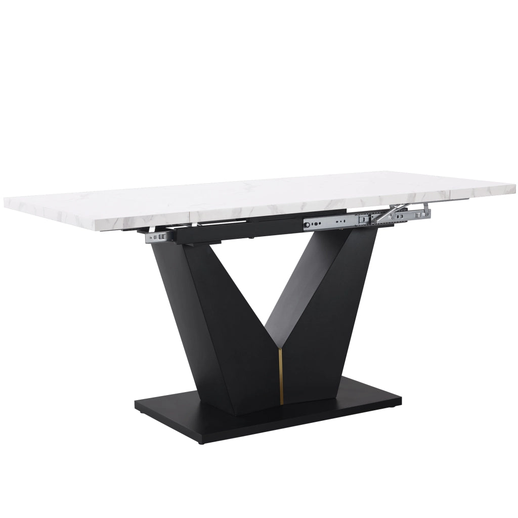 Tavolo da pranzo allungabile 99-159x75x75 cm, piano in MDF effetto marmo, bianco e nero, struttura in metallo